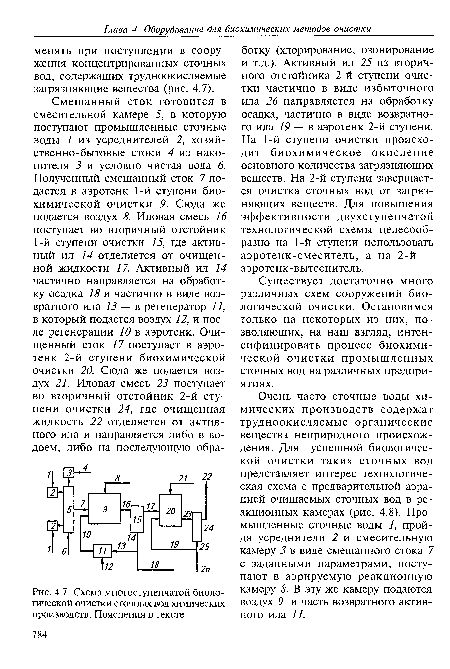 Схема многоступенчатой биологической очистки сточных вод химических производств. Пояснения в тексте