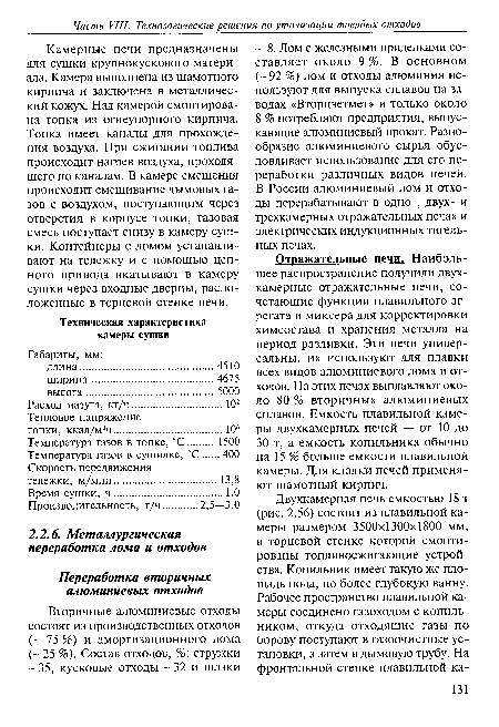 Отражательные печи. Наибольшее распространение получили двухкамерные отражательные печи, сочетающие функции плавильного агрегата и миксера для корректировки химсостава и хранения металла на период разливки. Эти печи универсальны, их используют для плавки всех видов алюминиевого лома и отходов. На этих печах выплавляют около 80 % вторичных алюминиевых сплавов. Емкость плавильной камеры двухкамерных печей — от 10 до 30 т, а емкость копильника обычно на 15 % больше емкости плавильной камеры. Для кладки печей применяют шамотный кирпич.