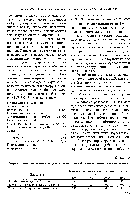 Установки, разработанные для этих процессов, включают реактор, дефлегматор, холодильник, камеру дожигания легколетучих фракций, центрифугу, фильтры. При необходимости производства фракций нефтепродуктов с узким диапазоном температур кипения (например, бензина, дизельного топлива, мазута) установка доукомплектовывается дистилляционной колонной.