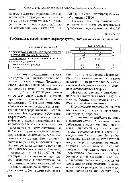 Временным положением о системе обращения с нефтеотходами, введенным постановлением Правительства г. Москвы с 01.01.98, установлены шесть категорий нефтеотходов.