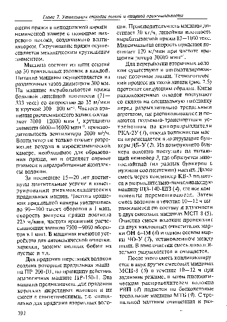 Машина состоит из пяти секций по 30 прядильных головок в каждой. Питание машины осуществляется из раздаточных тазов диаметром 300 мм. На машине вырабатывается пряжа большой линейной плотности (71 — 333 текс) со скоростью до 35 м/мин и круткой 300—800 м-1. Частота вращения расчесывающего валика составляет 7000—12000 мин-1, крутящего элемента 6000—16000 мин-1, производительность вентилятора 2000 м3/ч. Вентилятор не только создает разрежение воздуха в аэродинамической камере, необходимое для образования пряжи, но и отделяет сорные примеси и неразработанные комплексы волокон.