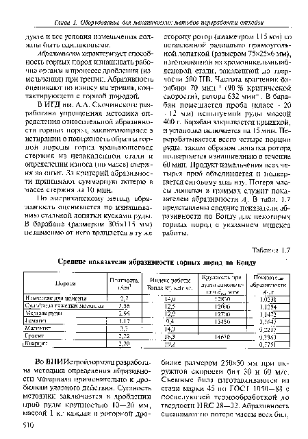 Абразивность характеризует способность горных пород изнашивать рабочие органы в процессе дробления (измельчения) при трении. Абразивность оценивают по износу материала, контактирующего с горной породой.