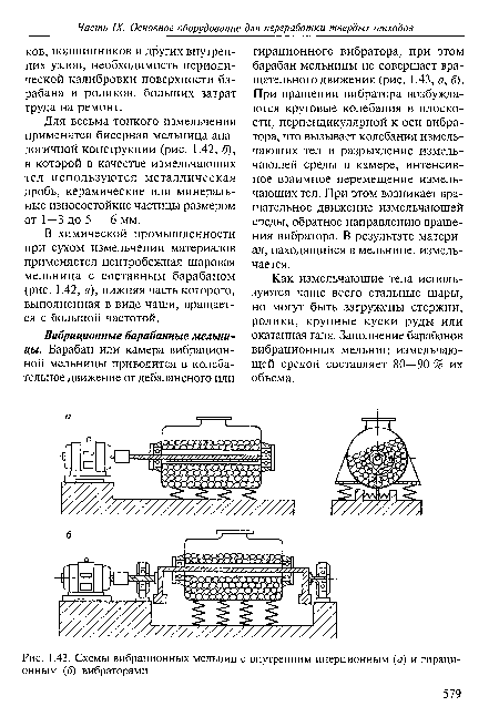 Схемы вибрационных мельниц с внутренним инерционным (а) и гираци-онным (б) вибраторами