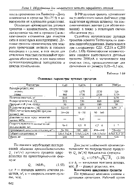 Основные преимущества дуговых грохотов — компактность, отсутствие движущихся частей и привода (за исключением механизма для очистки сита в некоторых конструкциях). Дуговые грохоты применяются для мокрого грохочения мелкого и тонкого материала в пульпе, в том числе для отделения тяжелых суспензий от продуктов обогащения, и для выделения легкошламующихся материалов в циклах измельчения.