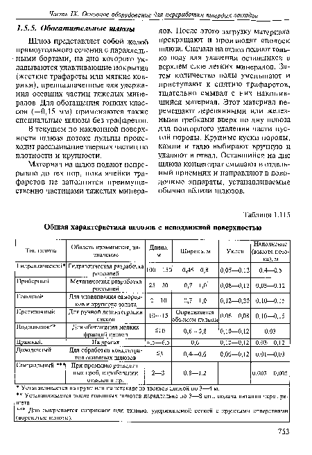 Шлюз представляет собой желоб прямоугольного сечения с параллельными бортами, на дно которого укладываются улавливающие покрытия (жесткие трафареты или мягкие коврики), предназначенные для удержания осевших частиц тяжелых минералов. Для обогащения тонких классов (—0,15 мм) применяются также специальные шлюзы без трафаретов.