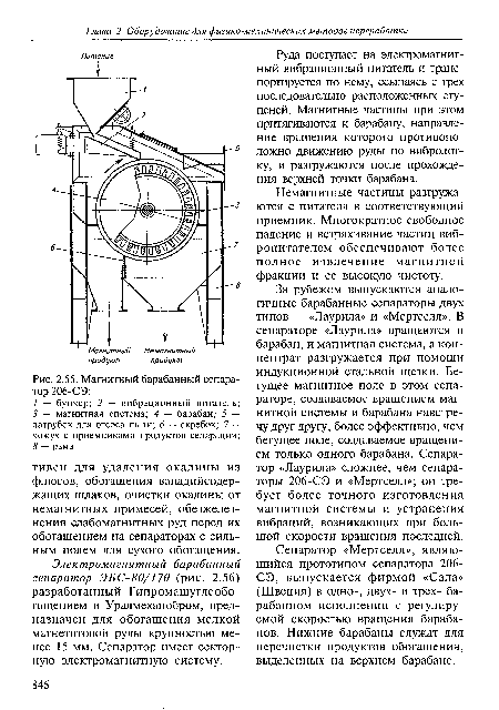 Электромагнитный барабанный сепаратор ЭБС-80/170 (рис. 2.56) разработанный Гипромашуглеобо-гащением и Уралмеханобром, предназначен для обогащения мелкой магнетитовой руды крупностью менее 15 мм. Сепаратор имеет секторную электромагнитную систему.