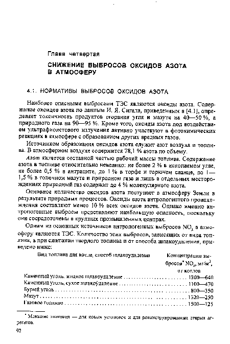 Наиболее опасными выбросами ТЭС являются оксиды азота. Содержание оксидов азота по данным И. Я. Сигала, приведенным в [4.1], определяет токсичность продуктов сгорания угля и мазута на 40—50 %, а природного газа на 90—95 %. Кроме того, оксиды азота под воздействием ультрафиолетового излучения активно участвуют в фотохимических реакциях в атмосфере с образованием других вредных газов.