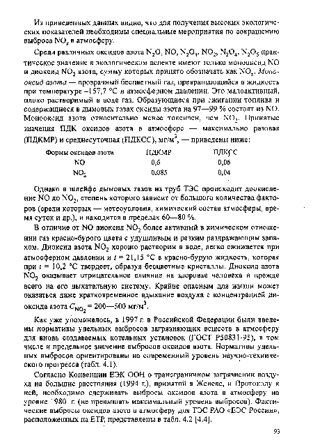 Согласно Конвенции ЕЭК ООН о трансграничном загрязнении воздуха на большие расстояния (1994 г.), принятой в Женеве, и Протоколу к ней, необходимо сдерживать выбросы оксидов азота в атмосферу на уровне 1980 г. (не превышать максимальный уровень выбросов). Фактические выбросы оксидов азота в атмосферу для ТЭС РАО «ЕЭС России», расположенных на ЕТР, представлены в табл. 4.2 [4.4].