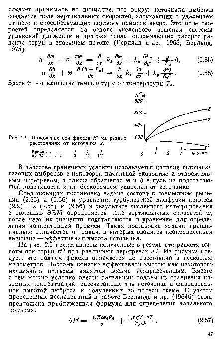 В качестве граничных условий используется наличие источника газовых выбросов с некоторой начальной скоростью и относительным перегревом, а также обращение ш и 6’ в нуль на подстилающей поверхности и на бесконечном удалении от источника.