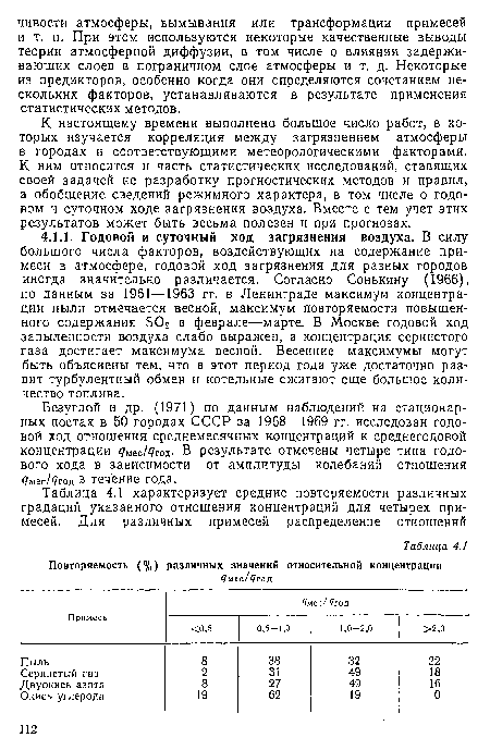 К настоящему времени выполнено большое число работ, в которых изучается корреляция между загрязнением атмосферы в городах и соответствующими метеорологическими факторами. К ним относится и часть статистических исследований, ставящих своей задачей не разработку прогностических методов и правил, а обобщение сведений режимного характера, в том числе о годовом и суточном ходе загрязнения воздуха. Вместе с тем учет этих результатов может быть весьма полезен и при прогнозах.