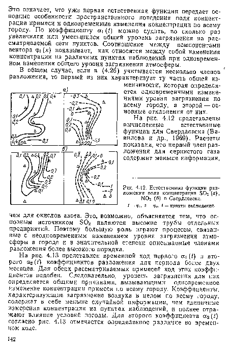 На рис. 4.13 представлен временной ход первого а (¿) и второго а2(0 коэффициентов разложения для периода более двух месяцев. Для обеих рассматриваемых примесей ход этих коэффициентов подобен. Следовательно, уровень загрязнения для них определяется общими причинами, вызывающими одновременное изменение концентрации примеси по всему городу. Коэффициенты, характеризующие загрязнение воздуха в целом по всему городу, содержат в себе меньше случайной информации, чем единичные измерения концентрации на пунктах наблюдений, и полнее отражают влияние условий погоды. Для второго коэффициента а2(1) согласно рис. 4.13 отмечается определенное различие во временном ходе.