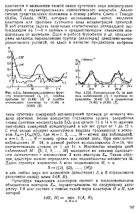 Концентрации Оз по данным наблюдений (1) и прогноза по уравнению (4.49) (2) и уравнениям (4.49) и (4.50) (3).