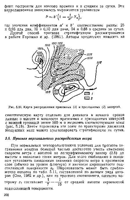 Карта распределения приземных (1) и приподнятых (2) инверсий.