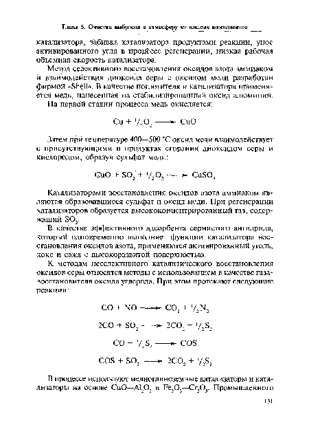 Катализаторами восстановления оксидов азота аммиаком являются образовавшиеся сульфат и оксид меди. При регенерации катализаторов образуется высококонцентрированный газ, содержащий S02.