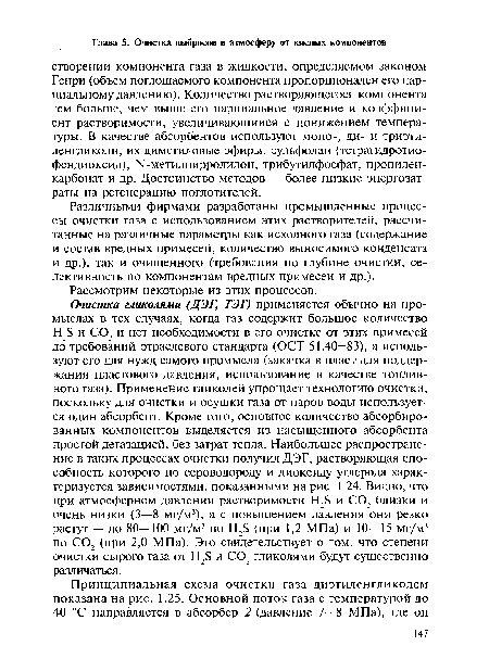 Различными фирмами разработаны промышленные процессы очистки газа с использованием этих растворителей, рассчитанные на различные параметры как исходного газа (содержание и состав вредных примесей, количество выносимого конденсата и др.), так и очищенного (требования по глубине очистки, селективность по компонентам вредных примесей и др.).