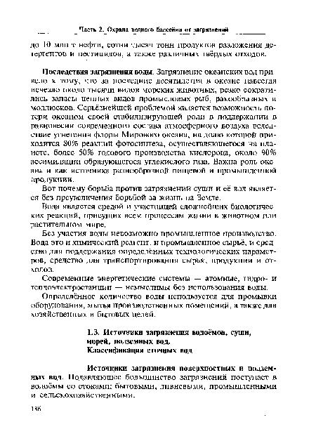 Последствия загрязнения воды. Загрязнение океанских вод привело к тому, что за последние десятилетия в океане навсегда исчезло около тысячи видов морских животных, резко сократились запасы ценных видов промысловых рыб, ракообразных и моллюсков. Серьёзнейшей проблемой является возможность потери океаном своей стабилизирующей роли в поддержании в равновесии современного состава атмосферного воздуха вследствие угнетения флоры Мирового океана, на долю которой приходится 80% реакций фотосинтеза, осуществляющегося на планете, более 50% годового производства кислорода, около 90% ассимиляции образующегося углекислого газа. Важна роль океана и как источника разнообразной пищевой и промышленной продукции.