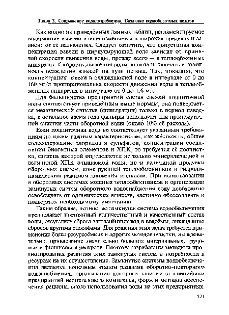 Как видно из приведённых данных таблиц, регламентируемое содержание взвесей в воде изменяется в широких пределах и зависит от её назначения. Следует отметить, что допустимая концентрация взвеси в циркулирующей воде зависит от принятой скорости движения воды, прежде всего — в теплообменных аппаратах. Скорость движения воды должна исключать возможность осаждения взвесей на пути потока. Так, показано, что концентрация взвеси в охлаждающей воде в интервале от 0 до 160 мг/л пропорциональна скорости движения воды в теплообменных аппаратах в интервале от 0 до 1,6 м/с.