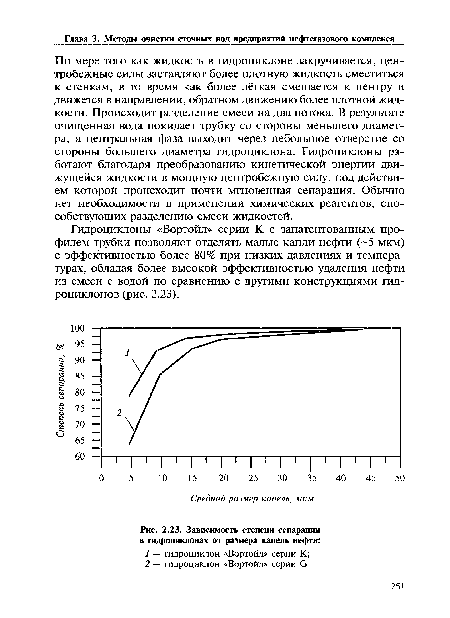 Зависимость степени сепарации в гидроциклонах от размера капель нефти