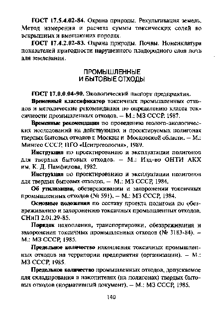 Временные рекомендации по проведению геолого-экологичес-ких исследований на действующих и проектируемых полигонах твердых бытовых отходов г. Москвы и Московской области. — М.: Мингео СССР, ПГО «Центргеология», 1989.