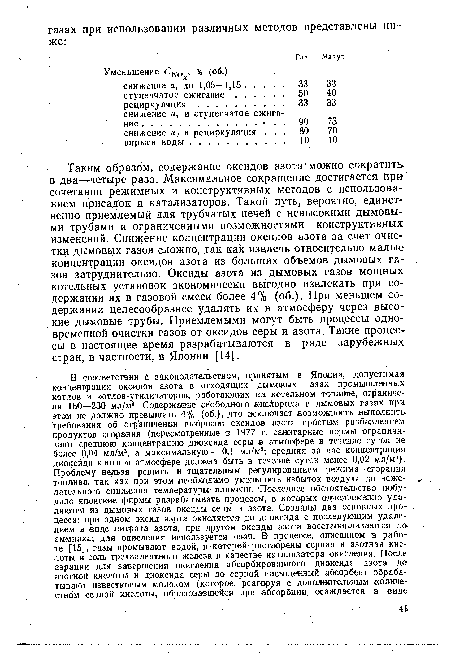 Таким образом, содержание оксидов азота можно сократить в два —четыре раза. Максимальное сокращение достигается при сочетании режимных и конструктивных методов с использованием присадок и катализаторов. Такой путь, вероятно, единственно приемлемый для трубчатых печей с невысокими дымовыми трубами и ограниченными возможностями конструктивных изменений. Снижение концентрации оксидов азота за счет очистки дымовых газов сложно, так как извлечь относительно малые концентрации оксидов азота из больших объемов дымовых газов затруднительно. Оксиды азота из дымовых газов мощных котельных установок экономически выгодно извлекать при содержании их в газовой смеси более 4% (об.). При меньшем содержании целесообразнее удалять их в атмосферу через высокие дымовые трубы. Приемлемыми могут быть процессы одновременной очистки газов от оксидов серы и азота. Такие процессы в настоящее время разрабатываются в ряде зарубежных стран, в частности, в Японии [14].