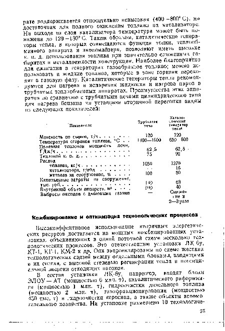 Высокоэффективное использование вторичных энергетических ресурсов достигается на мощных комбинированных установках, объединяющих в одной поточной схеме несколько технологических процессов. Это отечественные установки ЛК-6у, КТ-1, КГ-1, КМ-2 и др. Они запроектированы по схеме жестких технологических связей между отдельными блоками, входящими в их состав, с высокой степенью регенерации тепла и потенциальной энергии отходящих потоков.