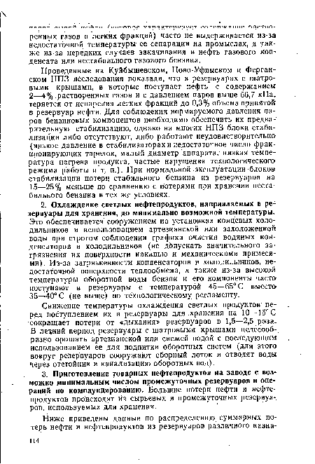 Снижение температуры охлаждения светлых продуктов перед поступлением их в резервуары для хранения на 10—15° С сокращает потери от «дыхания» резервуаров в 1,5—2,5 раза. В летний период резервуары с шатровыми крышами целесообразно орошать артезианской или свежей водой с последующим использованием ее для подпитки оборотных систем (для этого вокруг резервуаров сооружают сборный лоток и отводят воды через отстойник в канализацию оборотных вод).
