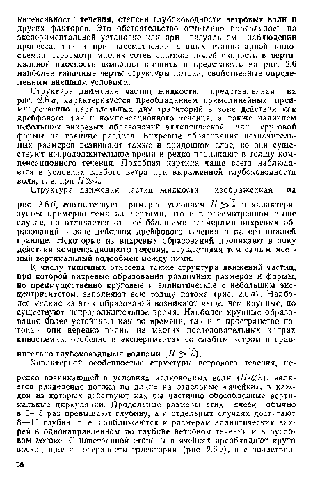 К числу типичных отнесена также структура движений частиц, при которой вихревые образования различных размеров и формы, но преимущественно круговые и эллиптические с небольшим эксцентриситетом, заполняют всю толщу потока (рис. 2.6в). Наиболее мелкие из этих образований возникают чаще, чем крупные, но существуют непродолжительное время. Наиболее крупные образования более устойчивы как во времени, так и в пространстве потока— они нередко видны на многих последовательных кадрах киносъемки, особенно в экспериментах со слабым ветром и сравнительно глубоководными волнами (Я X).