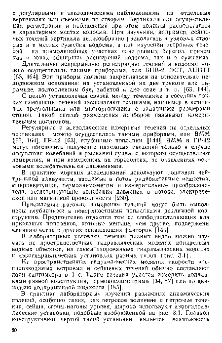 На пространственных гидравлических моделях скорости воспроизводимых ветровых и сейшевых течений обычно составляют доли сантиметра в 1 с. Такие течения удается измерить поплавками разной конструкции, термоанемометрами [34, 87] или по движению подкрашенной жидкости [185].