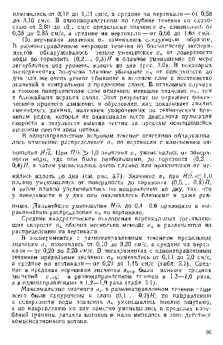 По вертикали значения ств изменялись следующим образом, В разнонаправленном ветровом течении по большинству экспериментов обнаруживалось резкое уменьшение ав от поверхности воды до горизонта (0,2... 0,3)// и плавное уменьшение по мере заглубления под уровень, вплоть до дна (рис. 3.6). В некоторых экспериментах получено плавное убывание аи от поверхности до дна или же очень резкое убывание в верхнем слое и постоянство значений в центральном и придонном слоях. В отдельных случаях в тонком поверхностном слое отмечены меньшие значения аь, чем в ближайших верхних слоях. Этот результат не отражает фактического процесса движения и обусловлен, как показывает анализ имеющихся данных, наличием укороченных по техническим причинам рядов, которые не охватывали всего диапазона пульсаций скорости в результате выхода частиц за пределы освещавшейся щелевым светом зоны потока.