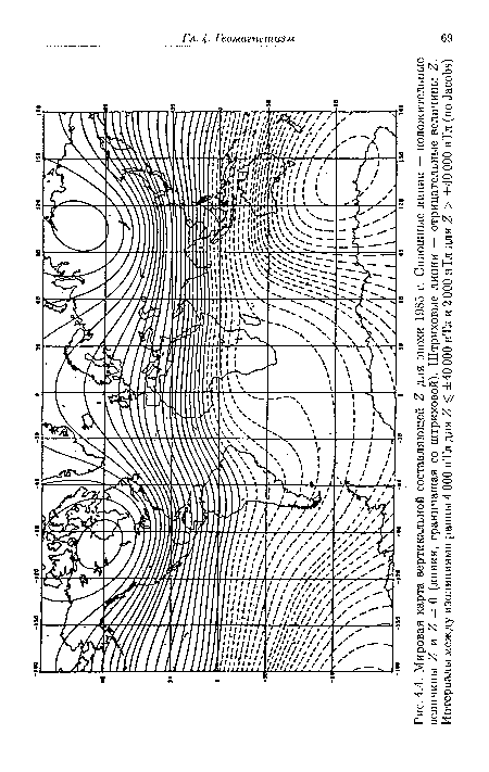 Мировая карта вертикальной составляющей Z для эпохи 1985 г. Сплошные линии — положительные величины Z и Z — 0 (линия, граничащая со штриховой). Штриховые линии — отрицательные величины Z. Интервалы между изолиниями равны 4 ООО нТл для Z ^ ±40 ООО нТл и 2 ООО нТл для Z > ±40 ООО нТл (по Jacobs)