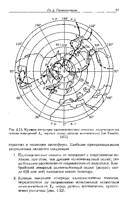 Кривые миграции палеомагнитных полюсов, полученные на основе измерений 1п горных пород разных континентов (по СопсНе,