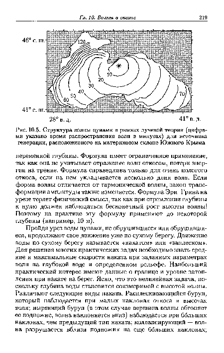 Структура волны цунами в рамках лучевой теории (цифрами указано время распространения волн в минутах) для источника генерации, расположенного на материковом склоне Южного Крыма