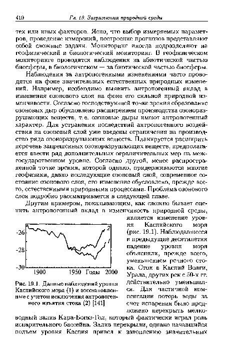 Данные наблюдений уровня Каспийского моря (1) и восстановленные с учетом исключения антропогенного изъятия стока (2) [141]