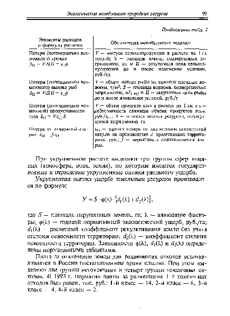 При укрупненном расчете выделяют три группы сфер влияния (атмосфера, вода, земля), по которым имеются государственные и отраслевые укрупненные оценки удельного ущерба.