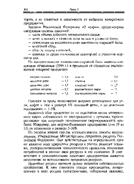 Акцизный сбор производится по отдельным видам минерального сырья, добываемого из месторождений с лучшими характеристиками при получении пользователем сверхнормативной прибыли. Например, для нефтедобывающих предприятий (для 19 из 33) он установлен в размере 5-30%.