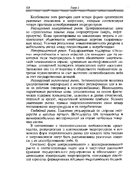 Регулируемый монопольный рынок. Антимонопольная политика (разукрупнение корпораций) и жесткое регулирование цен в зоне их действия (например в электроснабжении). Используются нормативные расчетные цены, установленные на основе фактических издержек производства, налоговых и других отчислений, платежей за кредит, нормативной величины прибыли. Условие реализации рынка: прямые энергоэкономические связи между поставщиками энергоресурсов и их потребителями.