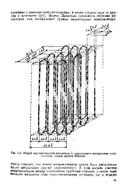 Общий вид кристаллита целлюлозы I, содержащего центральные цепи, согласно второй модели Ниссана.