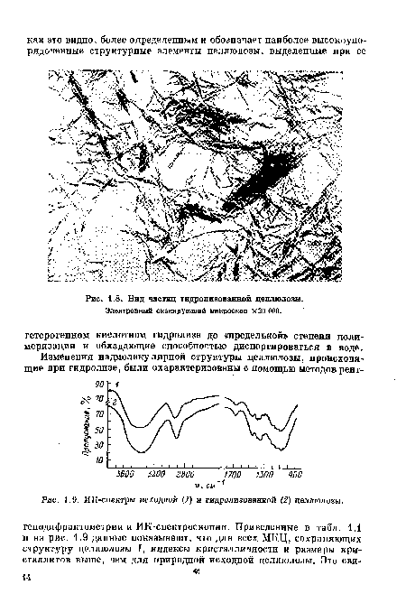 ИК-спектры исходной (1) и гидролизованной (2) целлюлозы.