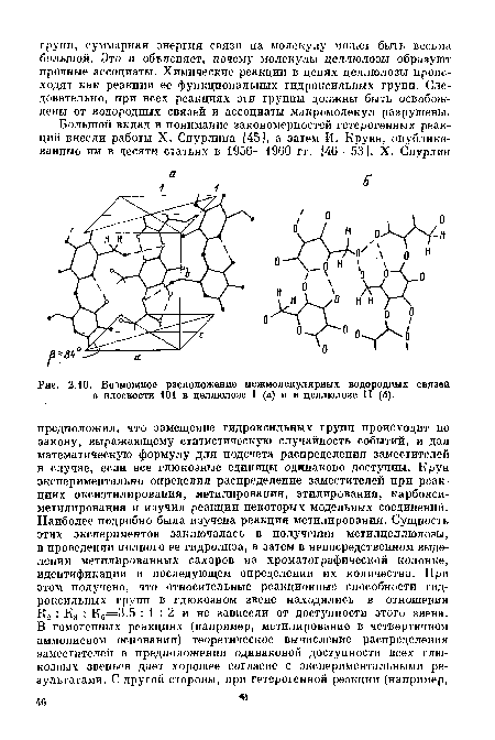 Возможное расположение межмолекулярных водородных связей в плоскости 101 в целлюлозе I (а) и в целлюлозе II (б).
