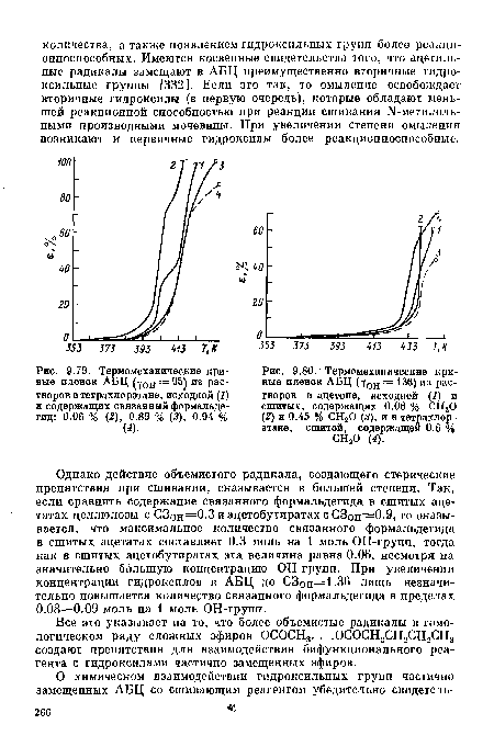 Термомеханические кривые пленок АБЦ (чон^®^) из Рас творов в тетрахлорэтане, исходной (1) и содержащих связанный формальдегид