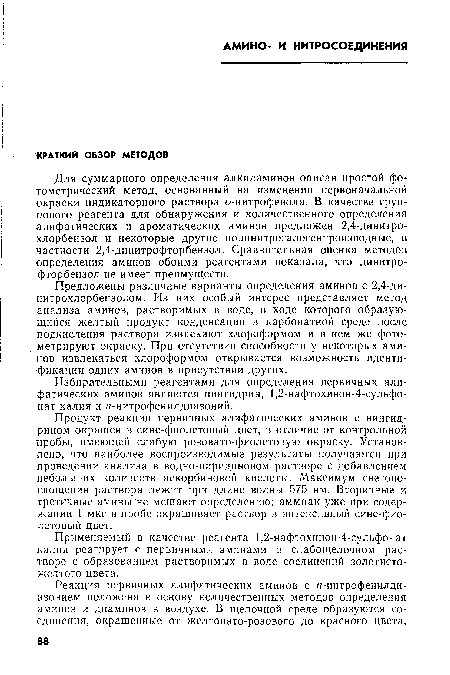 Применяемый в качестве реагента 1,2-нафтохинон-4-сульфонат калия реагирует с первичными аминами в слабощелочном растворе с образованием растворимых в воде соединений золотистожелтого цвета.