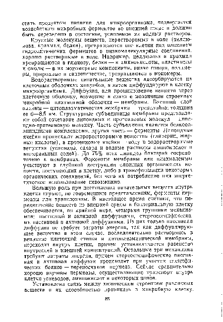 Крупные молекулы веществ, нерастворимых в воде (целлюлоза, крахмал, белки), превращаются вне клетки под влиянием гидролитических ферментов в низкомолекулярные соединения, хорошо растворимые в воде. Например, целлюлоза и крахмал превращаются в глюкозу, белки — в аминокислоты, пластмассы и смолы — в их мономерные компоненты, иначе говоря, полимеры, природные и синтетические, превращаются в мономеры.