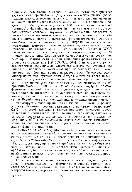 Несмотря на то, что ферменты можно извлекать из животных и растительных тканей, а также осуществлен химический синтез некоторых из них, непревзойденным по дешевизне и доступности источником ферментов являются микроорганизмы. Поэтому и в случае применения наиболее эффективной биохимической очистки воды — ферментативного катализа — остается проблема подбора микроорганизмов, способных осуществлять необходимые реакции с синтетическими или трудноразрушае-мыми веществами.