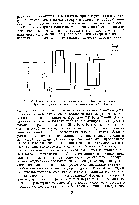 Электрическая (а) и гидравлическая (б) схемы питания ячейки для изучения электроудерживания микроорганизмов.