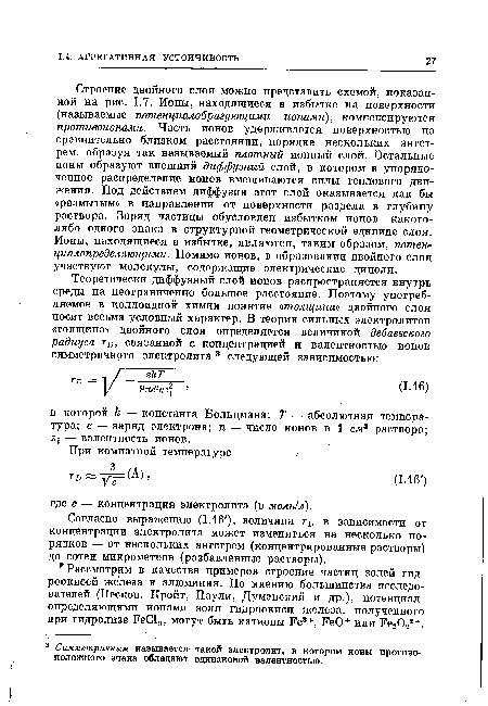 Согласно выражению (1.16 ), величина га в зависимости от концентрации электролита может изменяться на несколько порядков — от нескольких ангстрем (концентрированные растворы) до сотен микрометров (разбавленные растворы).