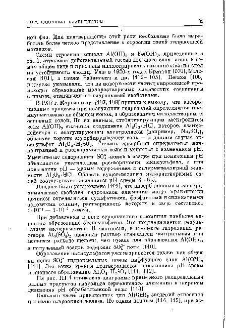 Схемы строения мицелл А1(ОН)3 и Fe(OH)3, приведенные в гл. I, отражают действительный состав двойного слоя лишь в самом общем виде и призваны иллюстрировать влияние сжатия слоя на устойчивость частиц. Уже в 1920-х годах Бриттон [100],Матт-сон [101], а также Рабинович и др. [102—105], Песков [106] и другие указывали, что на поверхности частиц гидроокисей происходит образование малорастворимых химических соединений с иными, отличными от гидроокисей свойствами.