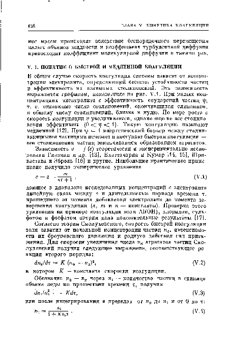 В общем случае скорость коагуляции системы зависит от концентрации электролита, определяющей степень устойчивости частиц и эффективность их взаимных столкновений. Эта зависимость выражается графиком, показанным на рис. V.l. При малых концентрациях электролита с эффективность соударений частиц яр, т. е. отношение числа столкновений, окончившихся слипанием, к общему числу столкновений, близка к нулю. По мере роста с скорость коагуляции v увеличивается, однако еще не все столкновения эффективны (0<яр-<1). Такую коагуляцию называют медленной [12]. При яр = 1 энергетический барьер между сталкивающимися частицами исчезает и наступает быстрая коагуляция — все столкновения частиц заканчиваются образованием агрегатов.