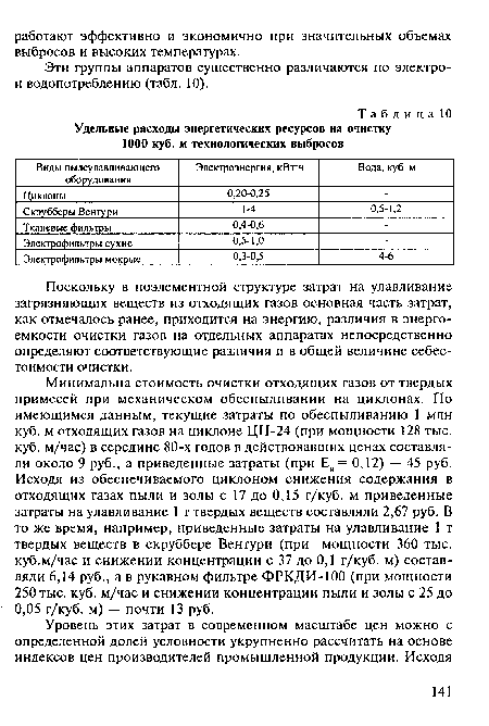 Поскольку в поэлементной структуре затрат на улавливание загрязняющих веществ из отходящих газов основная часть затрат, как отмечалось ранее, приходится на энергию, различия в энергоемкости очистки газов на отдельных аппаратах непосредственно определяют соответствующие различия и в общей величине себестоимости очистки.