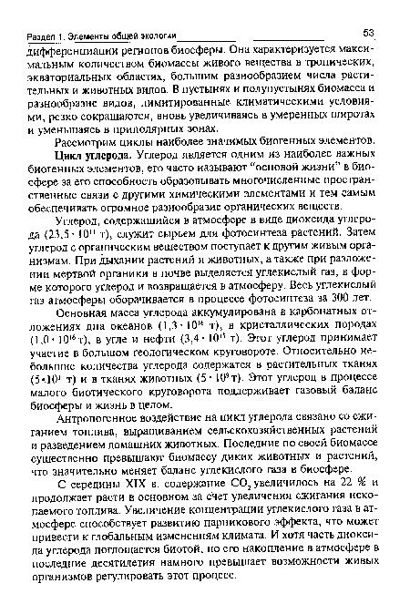 Углерод, содержащийся в атмосфере в виде диоксида углерода (23,5 • 10" т), служит сырьем для фотосинтеза растений. Затем углерод с органическим веществом поступает к другим живым организмам. При дыхании растений и животных, а также при разложении мертвой органики в почве выделяется углекислый газ, в форме которого углерод и возвращается в атмосферу. Весь углекислый газ атмосферы оборачивается в процессе фотосинтеза за 300 лет.