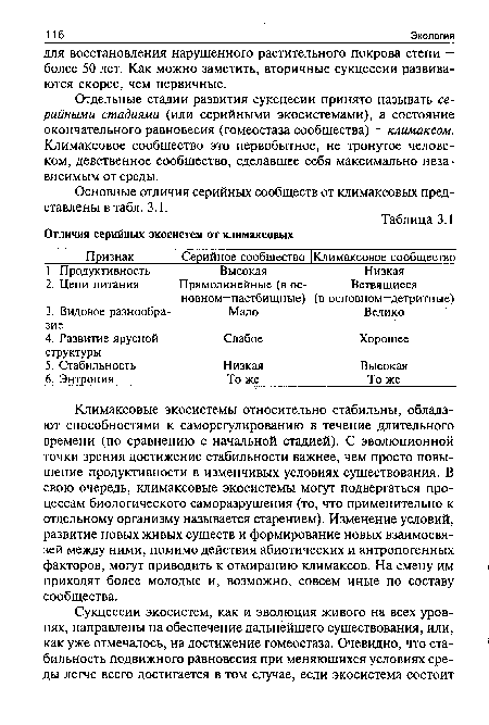 Отдельные стадии развития суксцесии принято называть серийными стадиями (или серийными экосистемами), а состояние окончательного равновесия (гомеостаза сообщества) — климаксом. Климаксовое сообщество это первобытное, не тронутое человеком, девственное сообщество, сделавшее себя максимально независимым от среды.